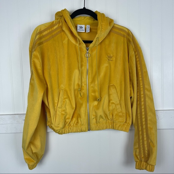 ADIDAS Cropped Yellow Corduory Stripe Hoodie - Picture 2 of 6